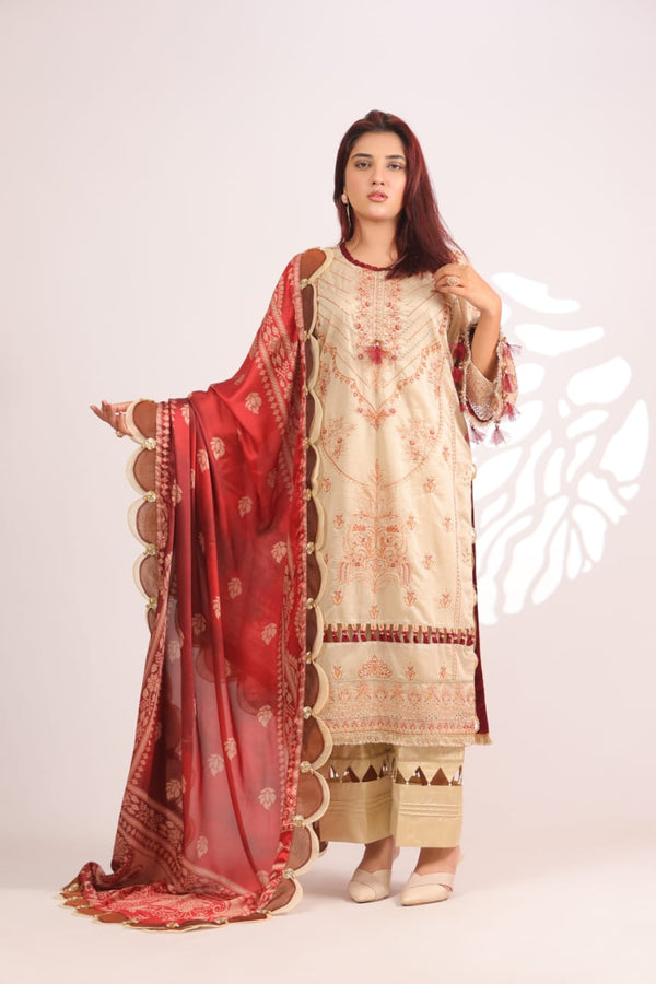 Chikenkari Embroidered-Badge and rich Red-Brown Silk