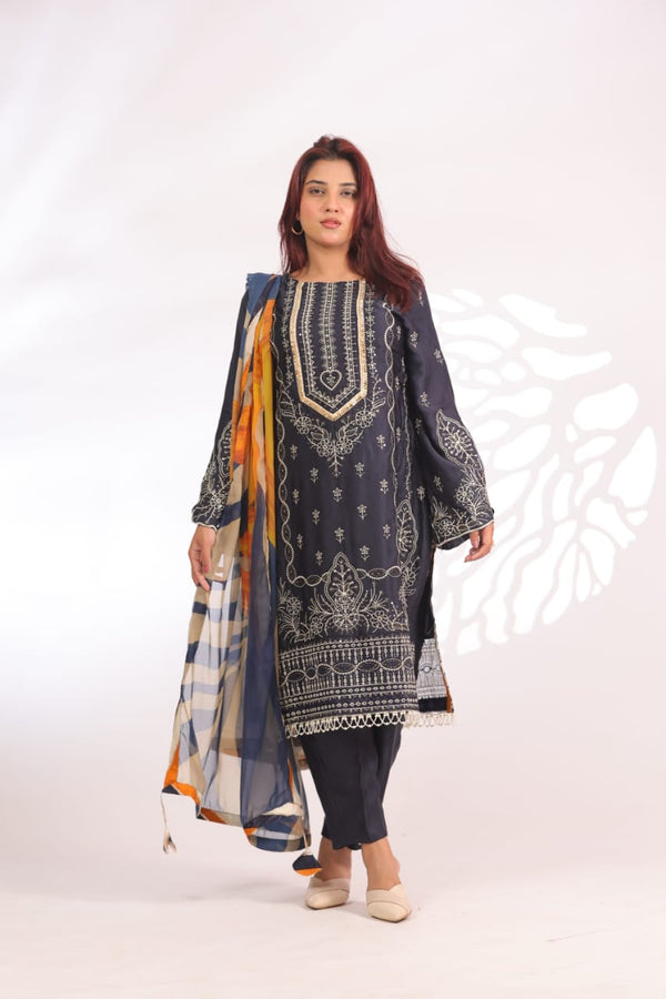 Navy Blue and Orange Yellow Silk-Sequence Embroidered