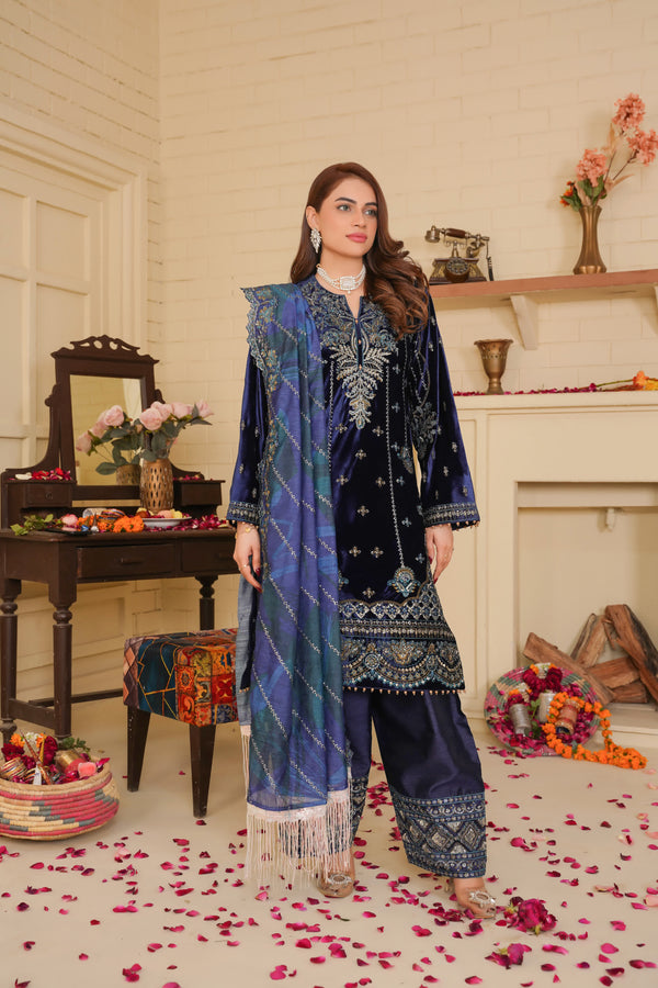 3 Piece Stitched Heavily Embroirderd Navy Blue Valvet