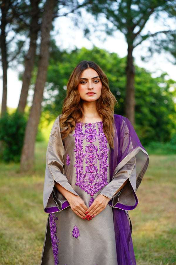 Gray and purple raw silk outfit with Kashmiri embroidery