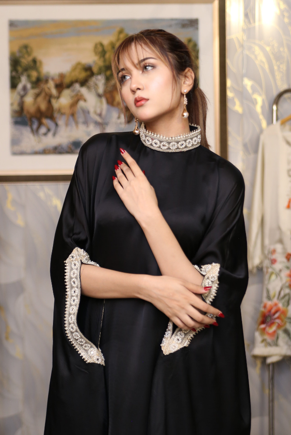 Black Crepe Silk Kaftan with Kundan Work - Umm E Ayesha Stitchline