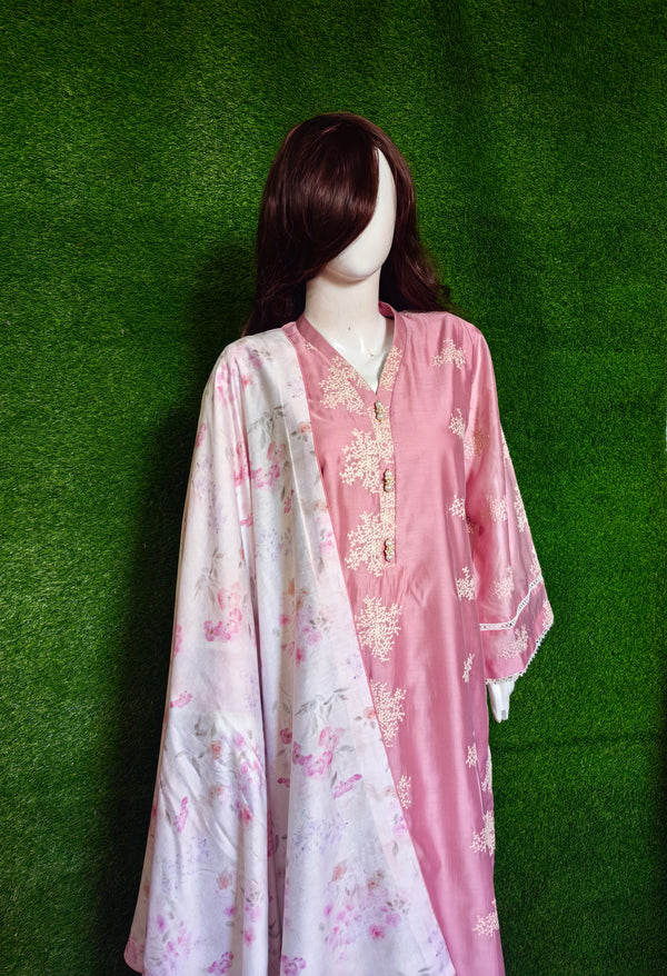 Stunning Rose Pink Rayon Silk Embrodered Dress