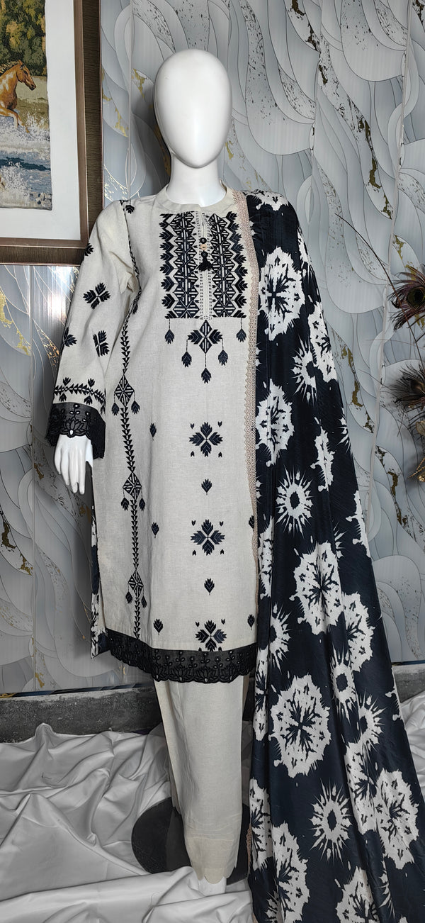 Off White Hand Embroidery  Khaddi Article.