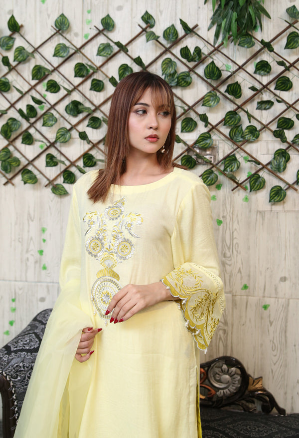 Lime Yellow Embroidered Party Wear Dress - Umm E Ayesha Stitchline