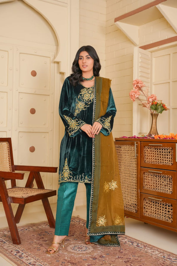 Hand Embroidered Teal Green Valvet