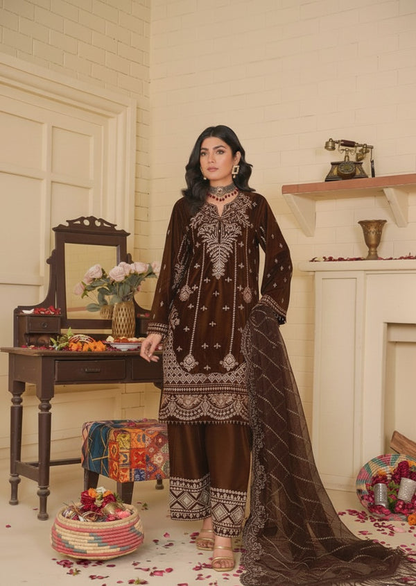 3 Piece Heavily Embroirderd Vibrant Brown Valvet