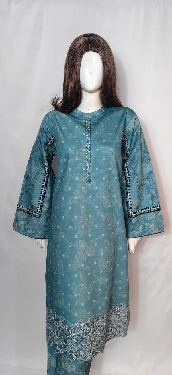 "Steel Blue Satin Cotton Shirt Trouser  Embellished Neckline & Shirttail Embroidery